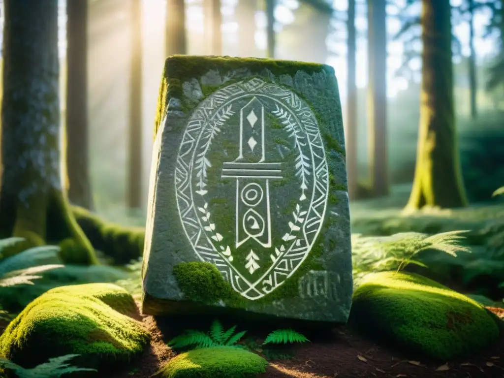 Un runestone antiguo en un bosque místico, con símbolos rúnicos iluminados por la luz del sol