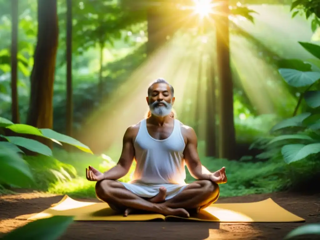 Un sabio gurú de yoga meditando en el bosque, rodeado de luz dorada