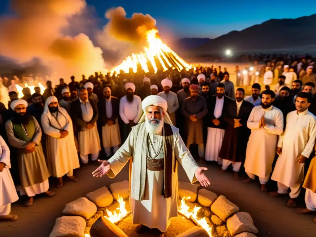 Un sabio Yezidi guía una danza ritual alrededor de una hoguera en Mesopotamia, Prácticas esotéricas Yezidis Mesopotamia