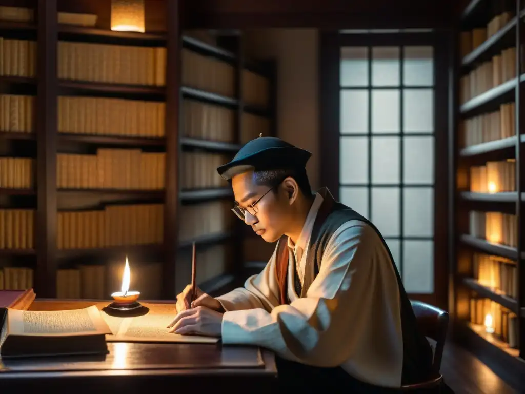 Un sabio estudia literatura secreta de sociedades guerreras en Asia, entre antiguos manuscritos y libros encuadernados