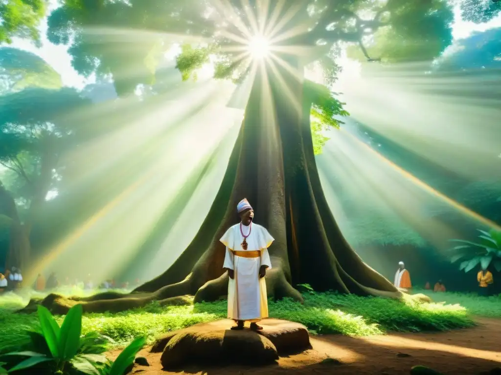 Sacerdote Yoruba realiza ritual en bosque sagrado, derramando libaciones bajo árbol centenario