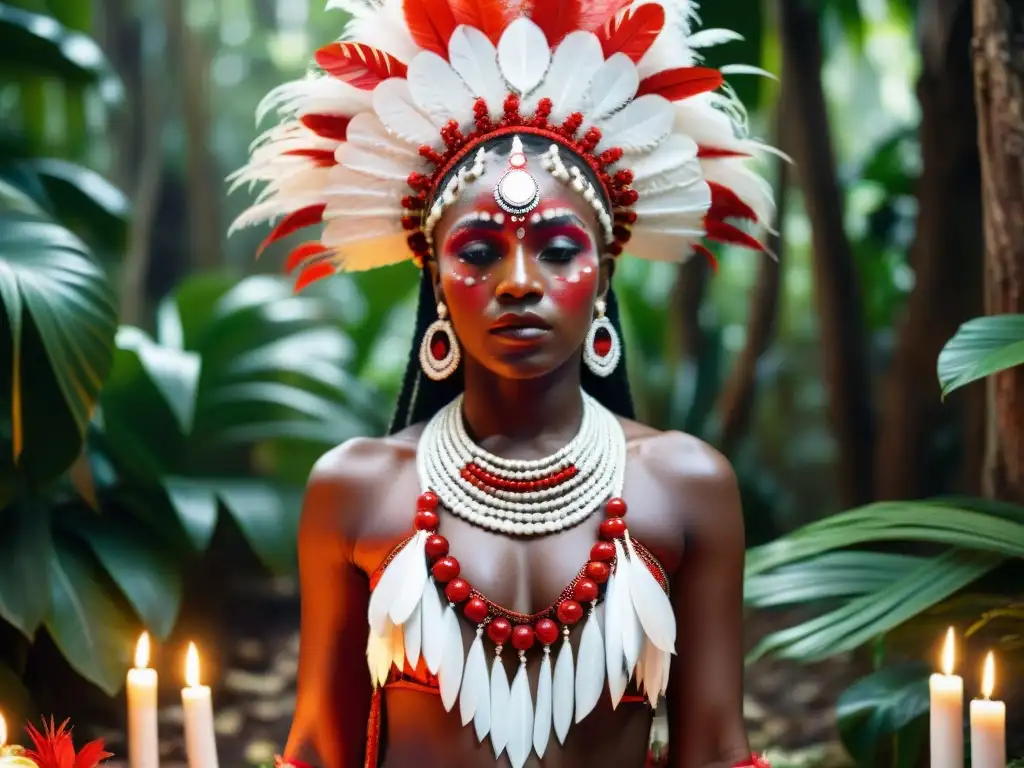 Una sacerdotisa Vodou en atuendo ritual mágico rojo y blanco, en un bosque tropical con ofrendas y velas