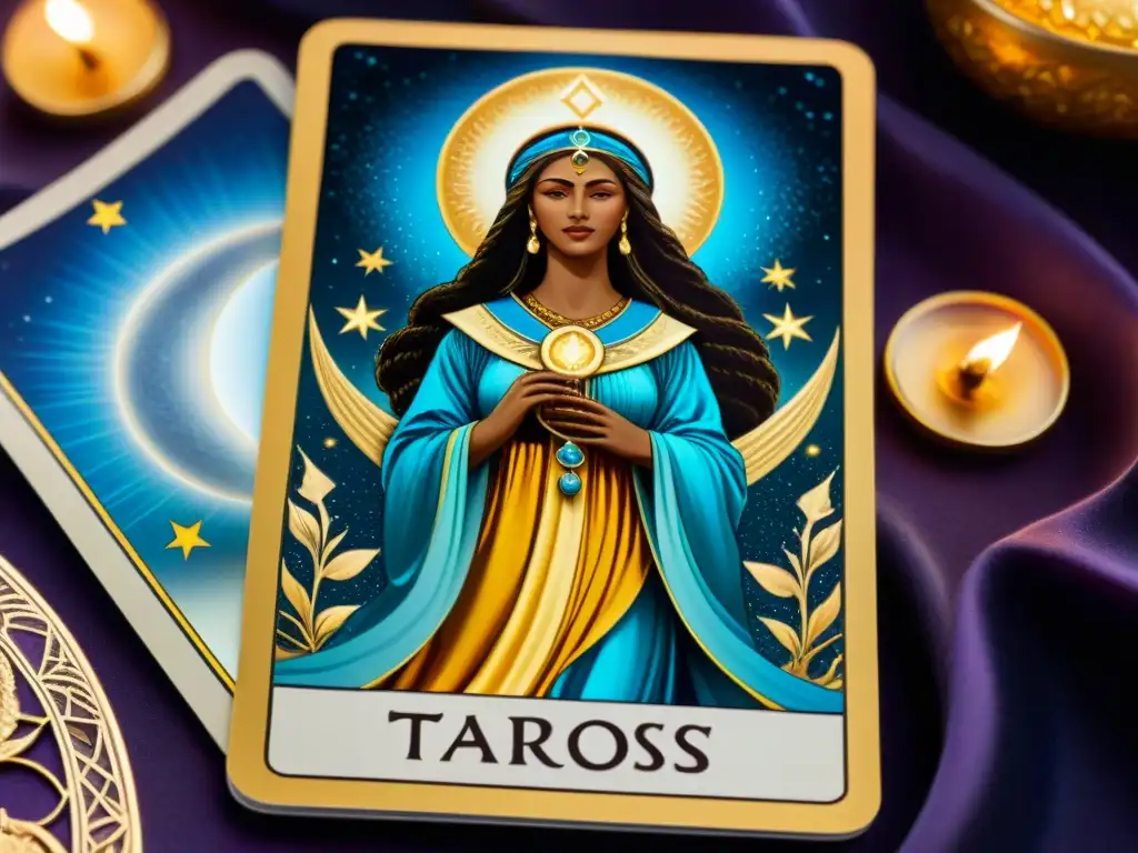 Interpretación del tarot: La sacerdotisa con detalles vívidos y simbolismo, evocando autoconocimiento