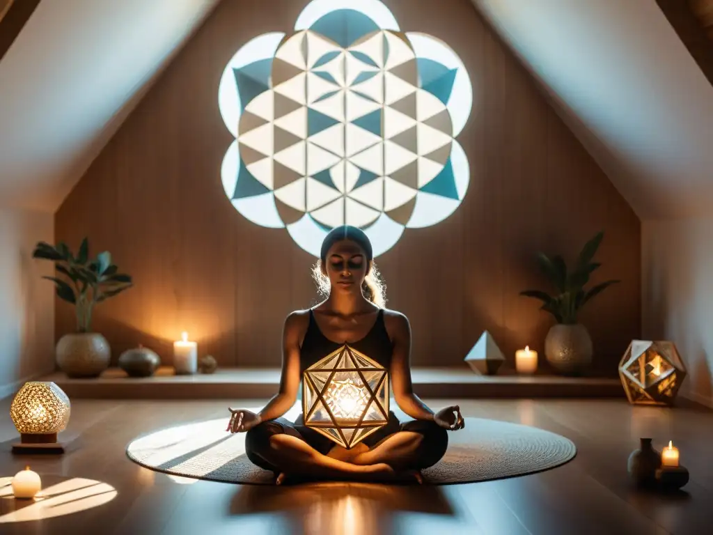 Meditación con geometrías sagradas en vida diaria en un ambiente sereno y conectado espiritualmente