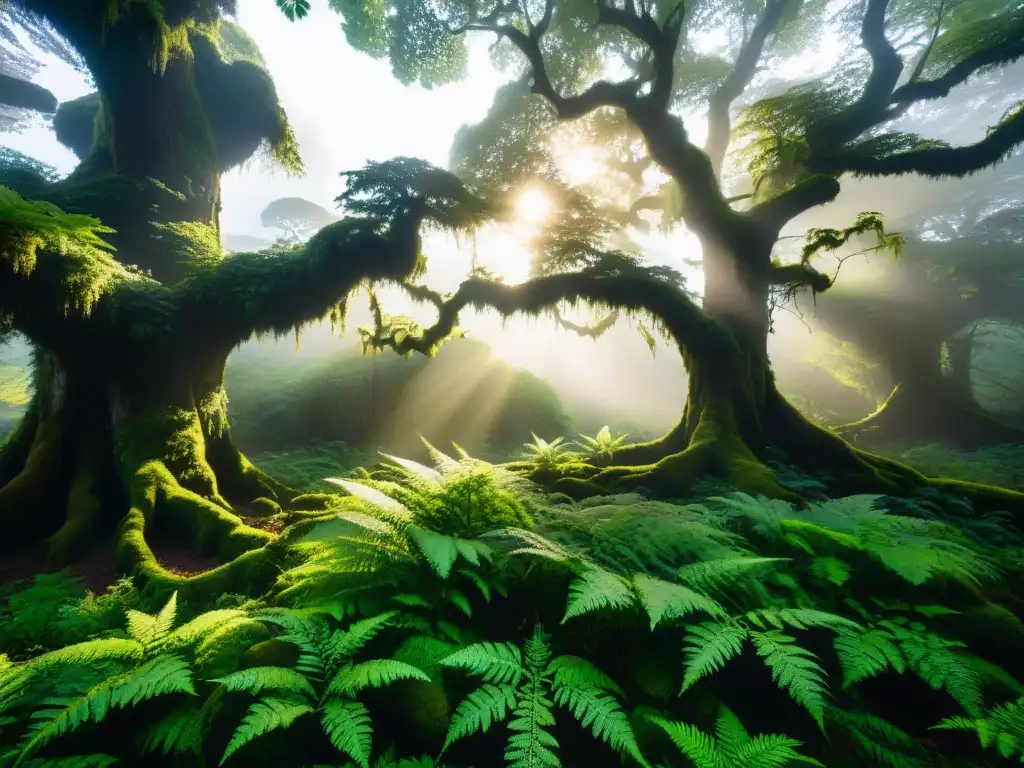 Un sagrado bosque druídico, iluminado por la luz dorada del sol, con árboles cubiertos de musgo y enredaderas