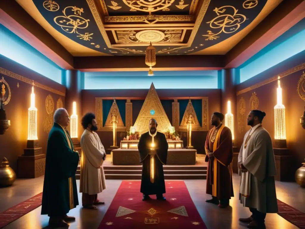 Un sagrado ritual en un templo rosacruz decorado, con miembros meditando alrededor de un cristal antiguo