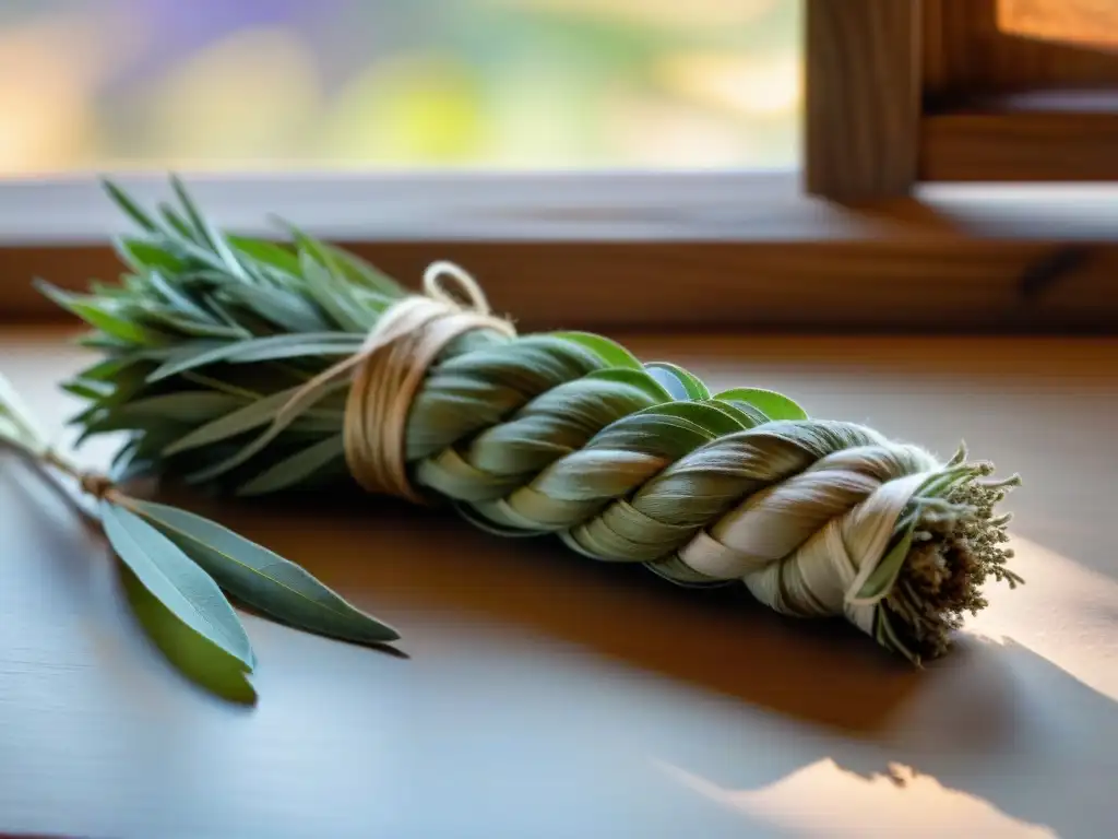 Un sahumerio de sage, lavanda y romero entrelazados con twine, iluminados por la luz solar