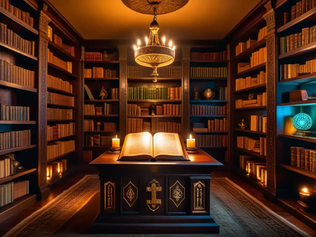 Sala de biblioteca misteriosa con libros antiguos y artefactos, iluminada por velas