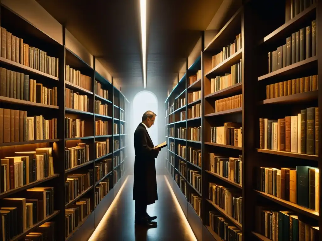 Sala de biblioteca oscura y misteriosa, repleta de libros antiguos y polvorientos