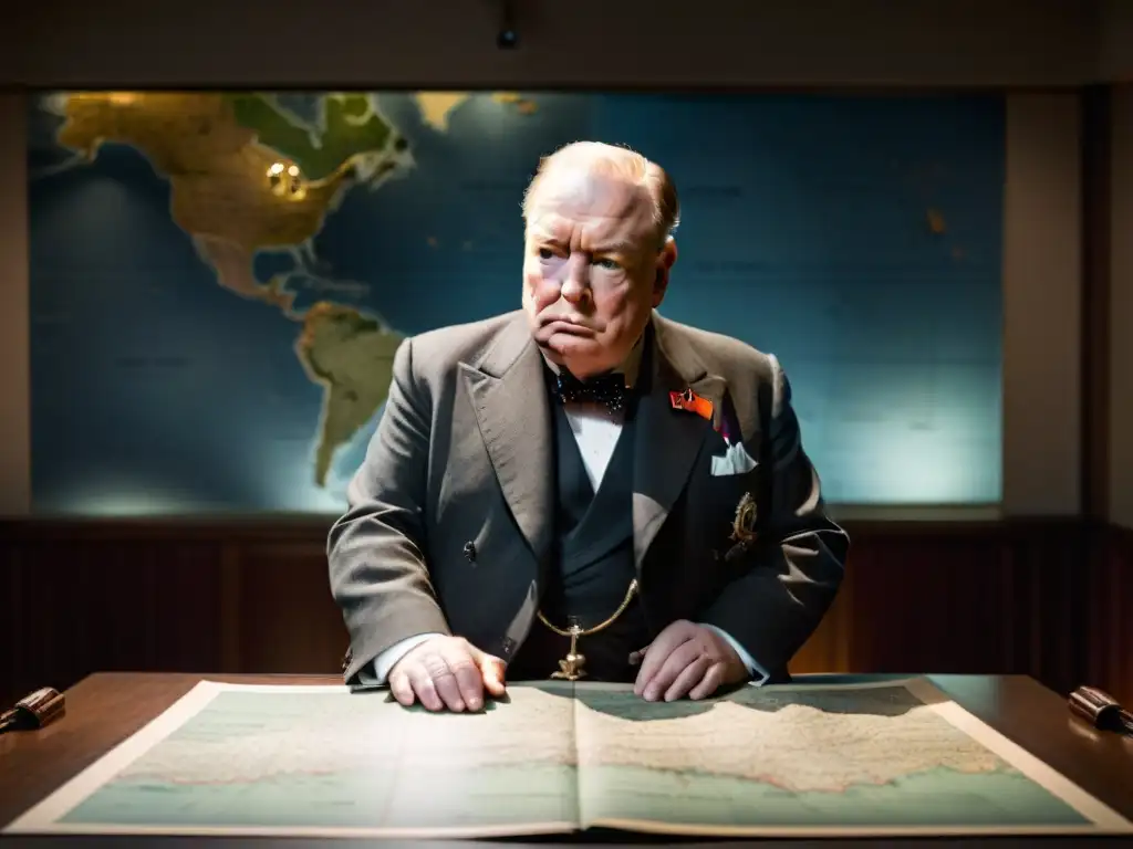 Winston Churchill en sala de guerra, rodeado de mapas y asesores militares, en profunda contemplación