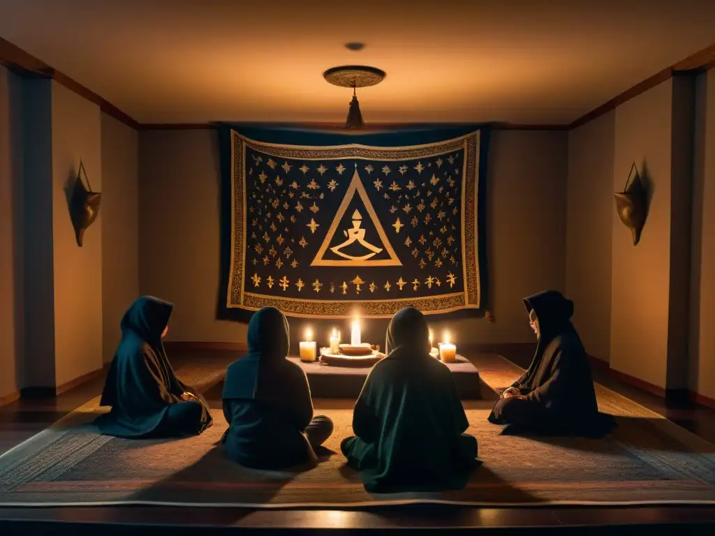 En una sala misteriosa, figuras en meditación profunda bajo la luz de velas