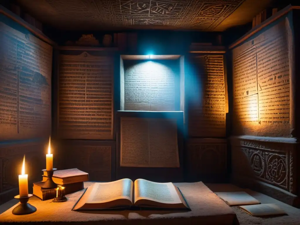 Una sala misteriosa iluminada por una vela, con artefactos antiguos y símbolos enigmáticos, evocando la influencia de la Sociedad Thule
