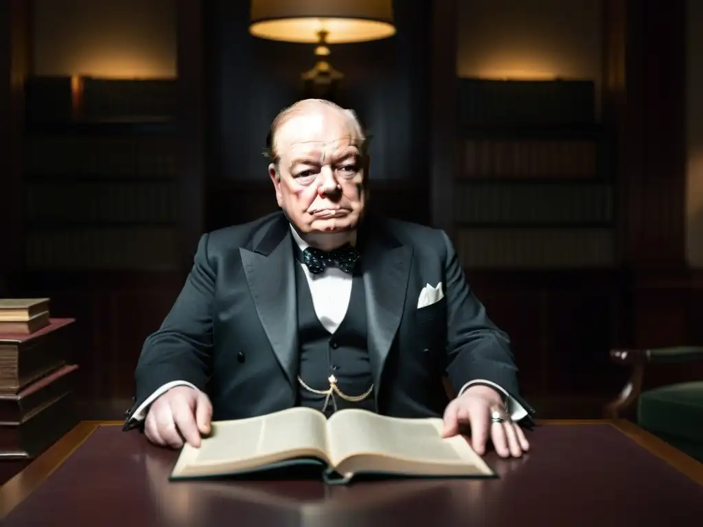 Winston Churchill en sala misteriosa rodeado de figuras en sombras