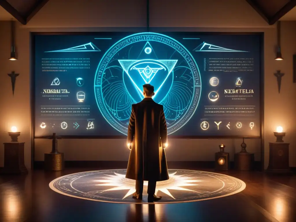 Nikola Tesla en sala misteriosa con símbolos, figuras en sombras y dispositivo brillante, evocando colaboración con Illuminati