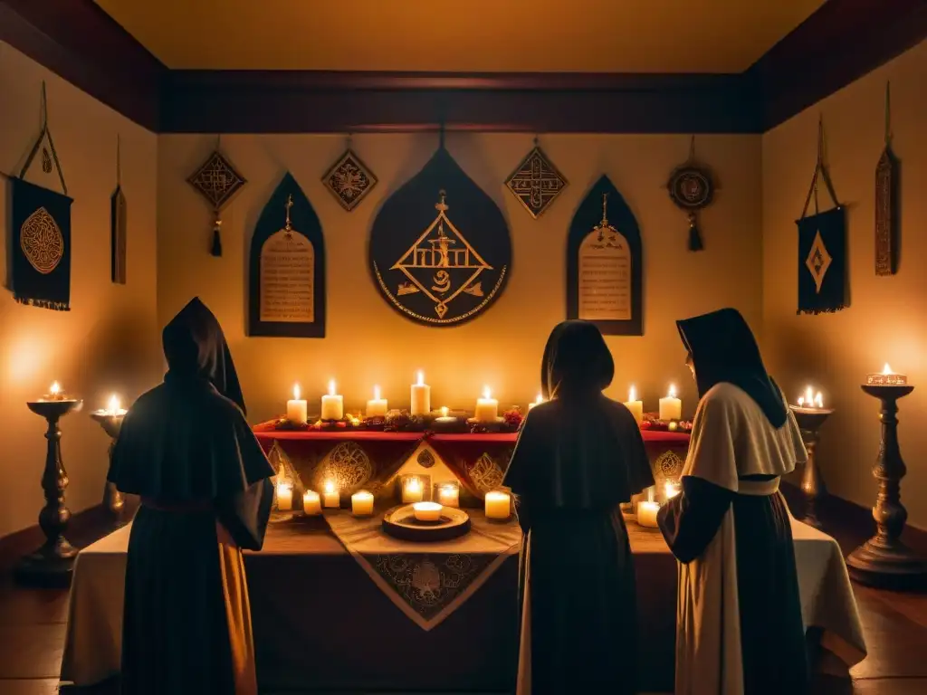 Una sala misteriosa con símbolos en las paredes y personas en túnicas alrededor de un altar iluminado por velas