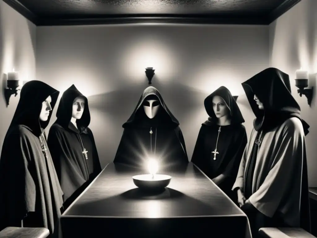 Sala de reunión secreta de los Illuminati con misteriosas figuras en capuchas alrededor de una mesa antigua con símbolos y velas