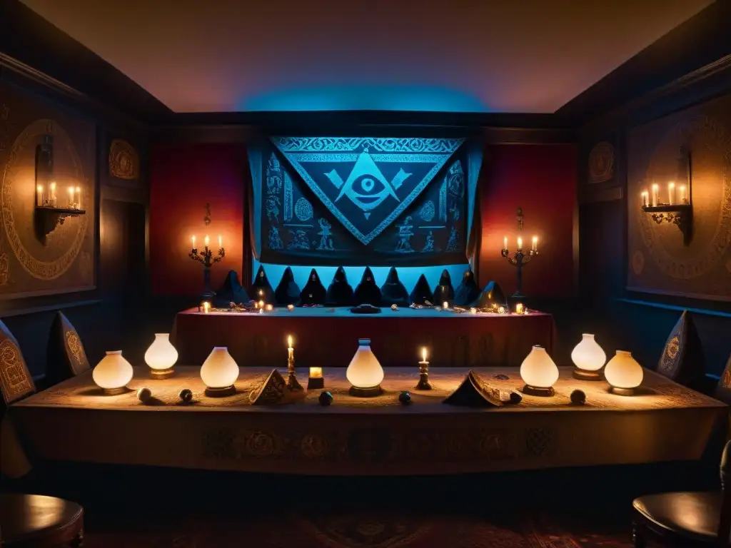 Sala de reunión secreta de sociedad misteriosa, iluminada por velas con figuras encapuchadas y símbolos antiguos