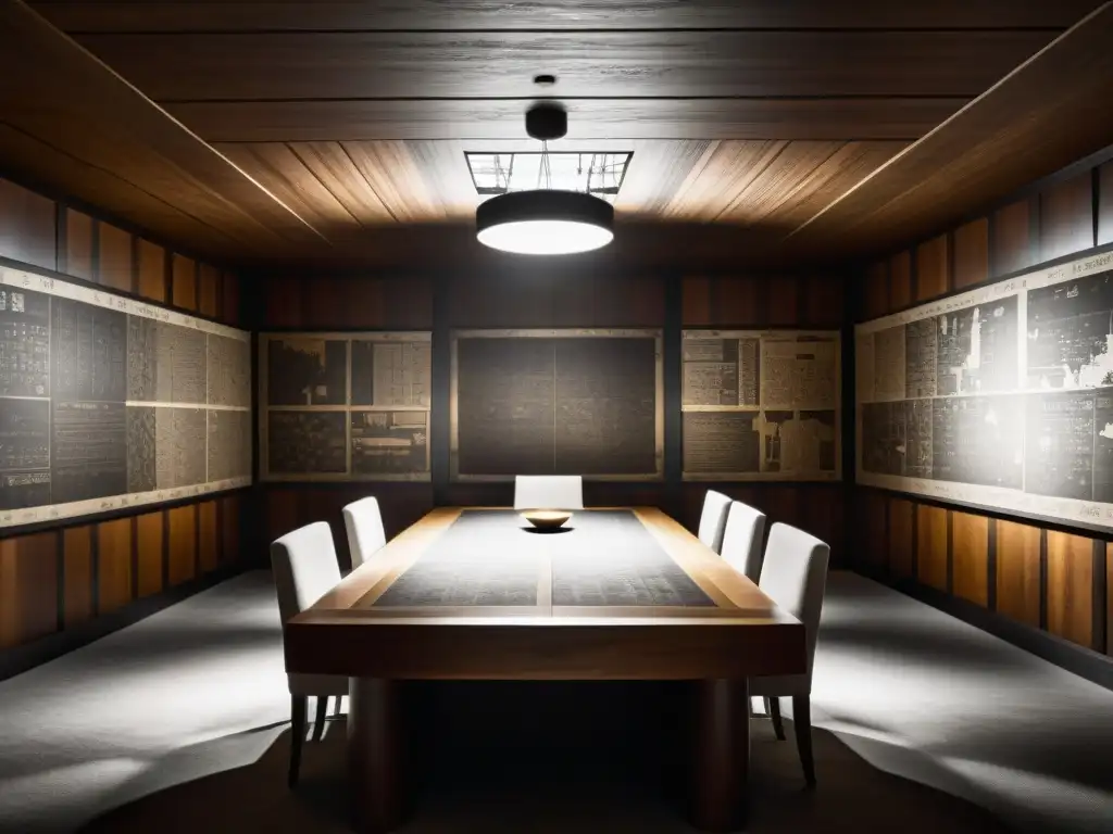 Sala de reuniones clandestina de la Sociedad Thule organización interna con mapas y artefactos antiguos
