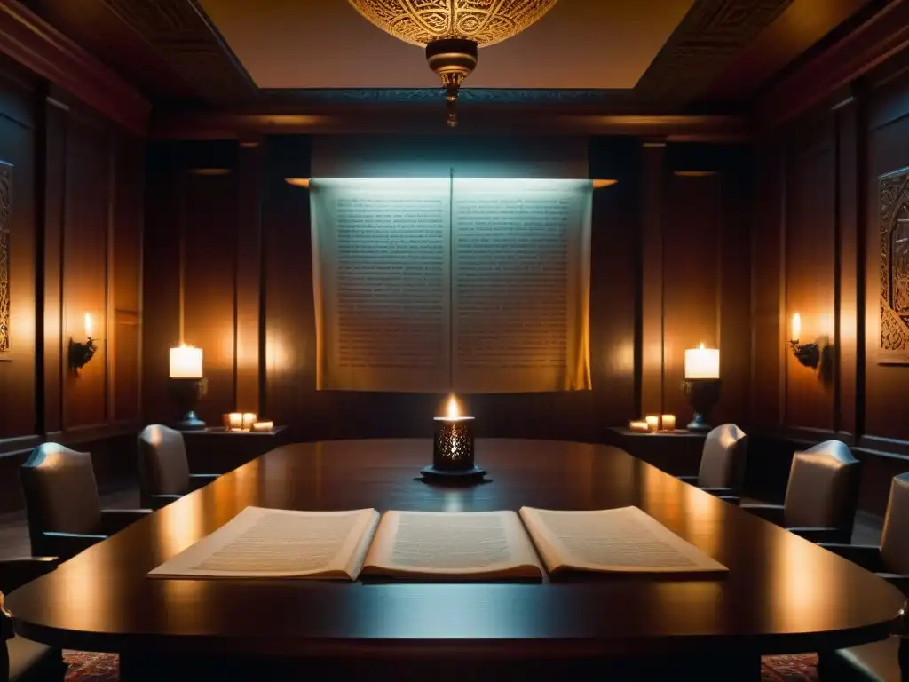 Salón secreto de sociedades misteriosas En una sala de reuniones misteriosa, figuras en capuchas conversan en secreto