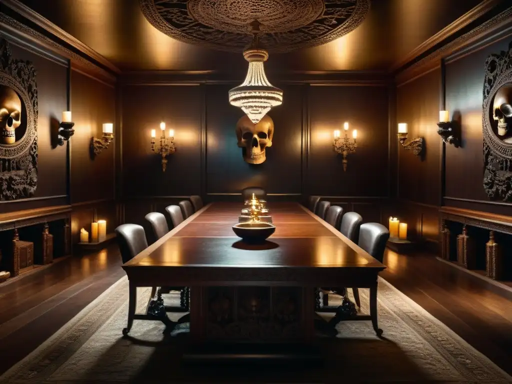 Sala de reuniones secreta: misterio y poder en la penumbra Una sala de reuniones misteriosa y llena de secretos con sociedades secretas influencia mundo moderno