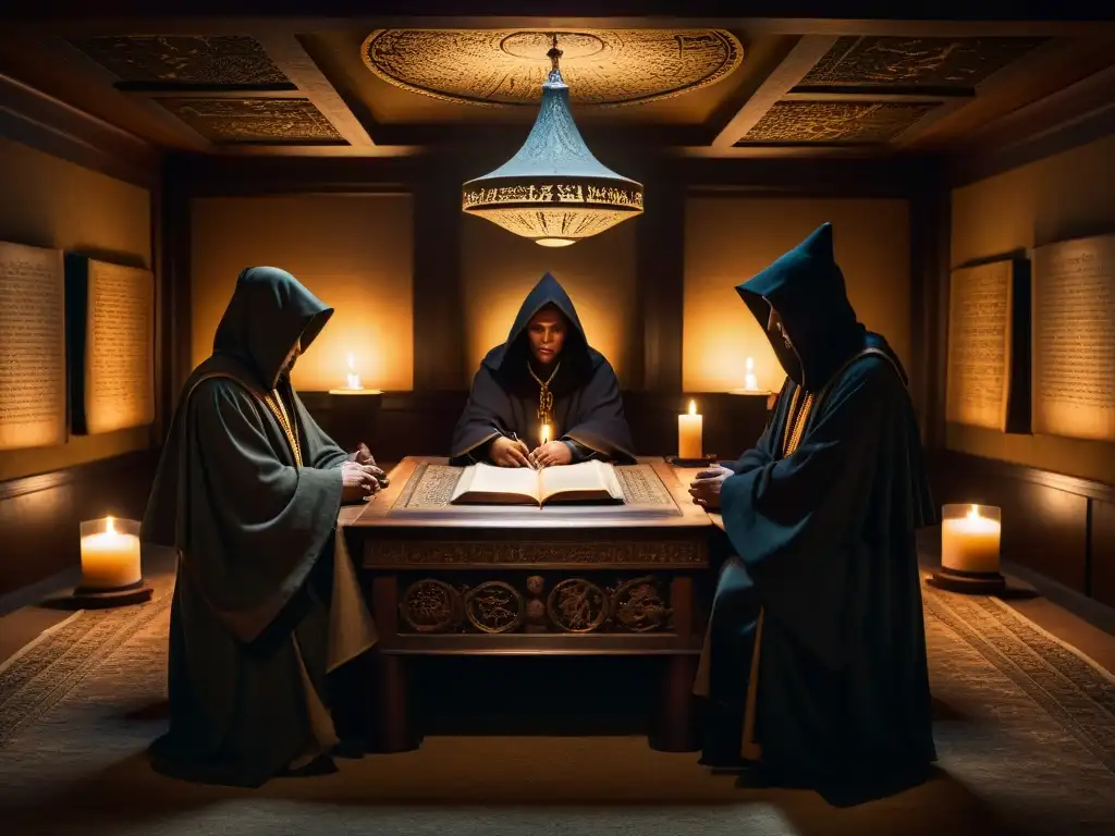 Sala de reuniones secreta con figuras en sombras y manuscritos antiguos iluminados por velas, mostrando la influencia Illuminati en política mundial