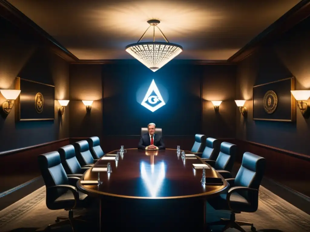 Sala de reuniones secreta con líderes contemporáneos Illuminati afiliación en ambiente tenso y misterioso