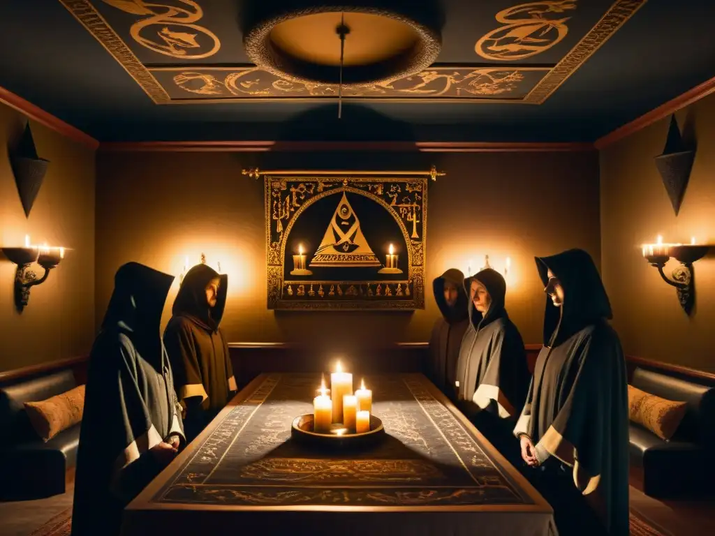 En una sala secreta de sociedad, figuras misteriosas discuten bajo la luz de las velas, creando un ambiente de intriga y secretismo