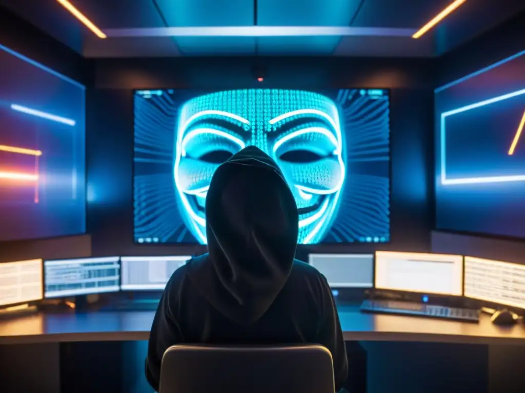 En la sala de servidores, una figura encapuchada con máscara de Guy Fawkes frente a monitores brillantes, rodeada de líneas de código