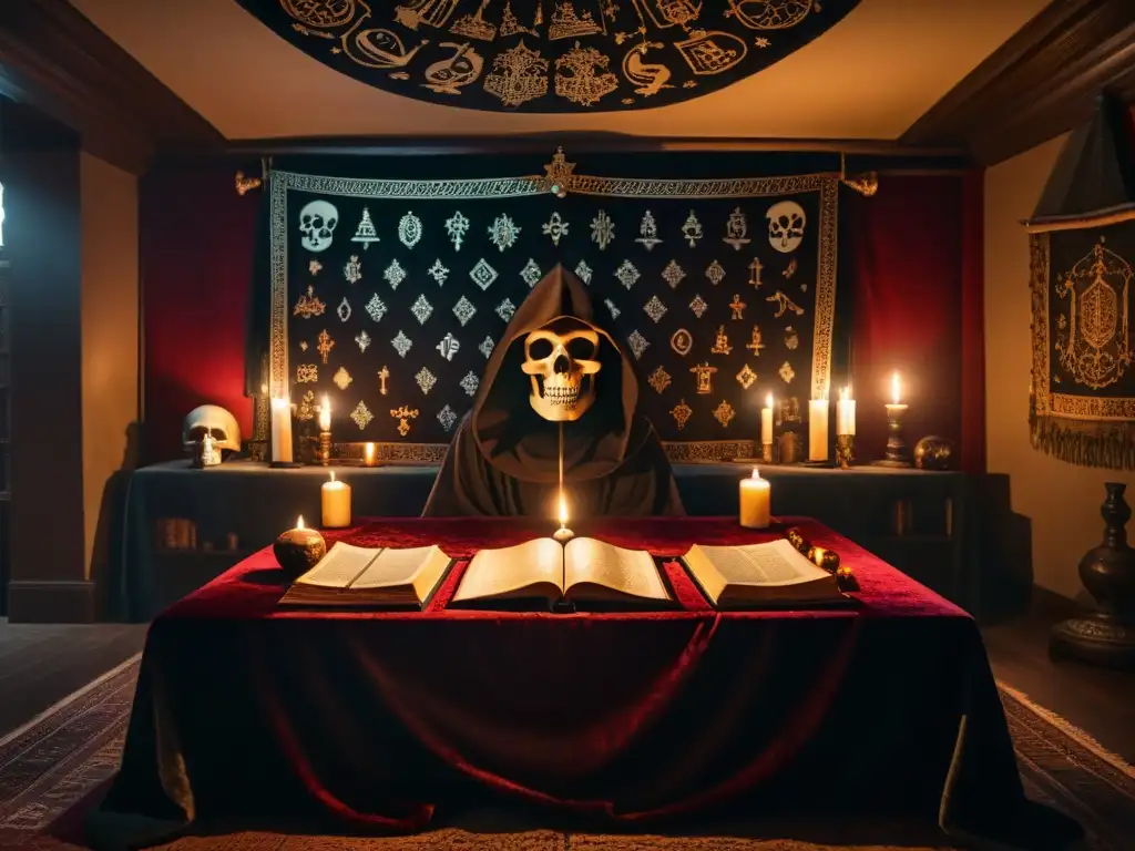 En una sala sombría, miembros de sociedades secretas Skull and Bones realizan misteriosos rituales con libros antiguos y símbolos crípticos