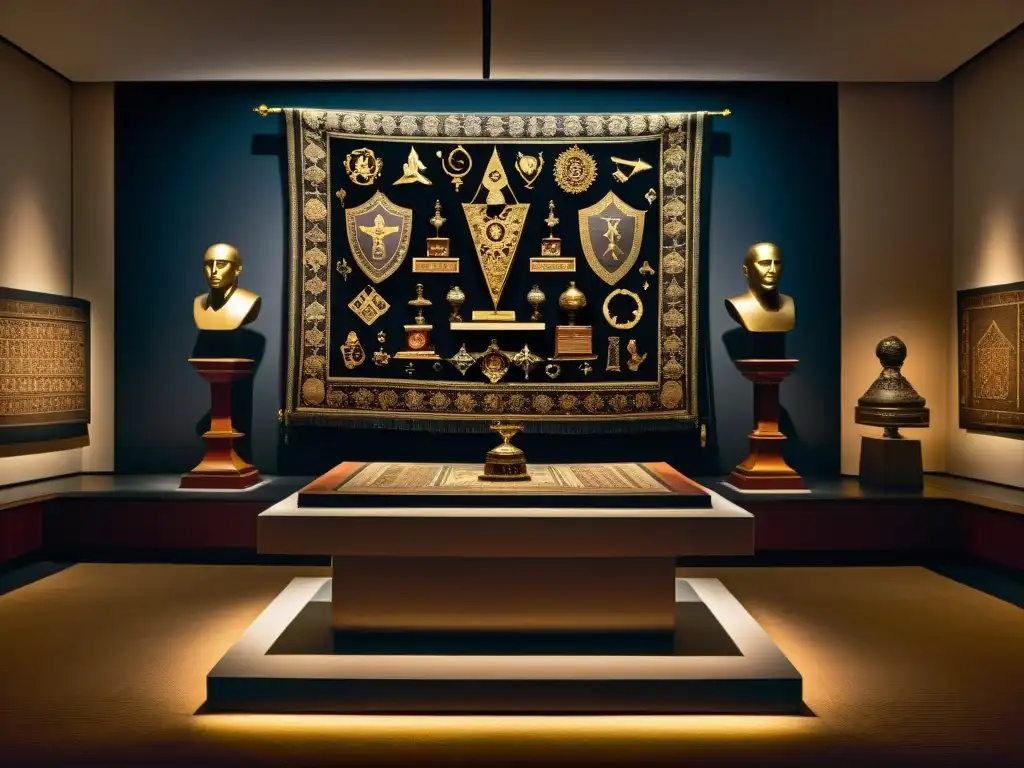 Subasta secreta: reliquia misteriosa en sala clandestina Una sala de subastas clandestina llena de artefactos misteriosos de sociedades secretas, con figuras en la sombra examinando coleccionables