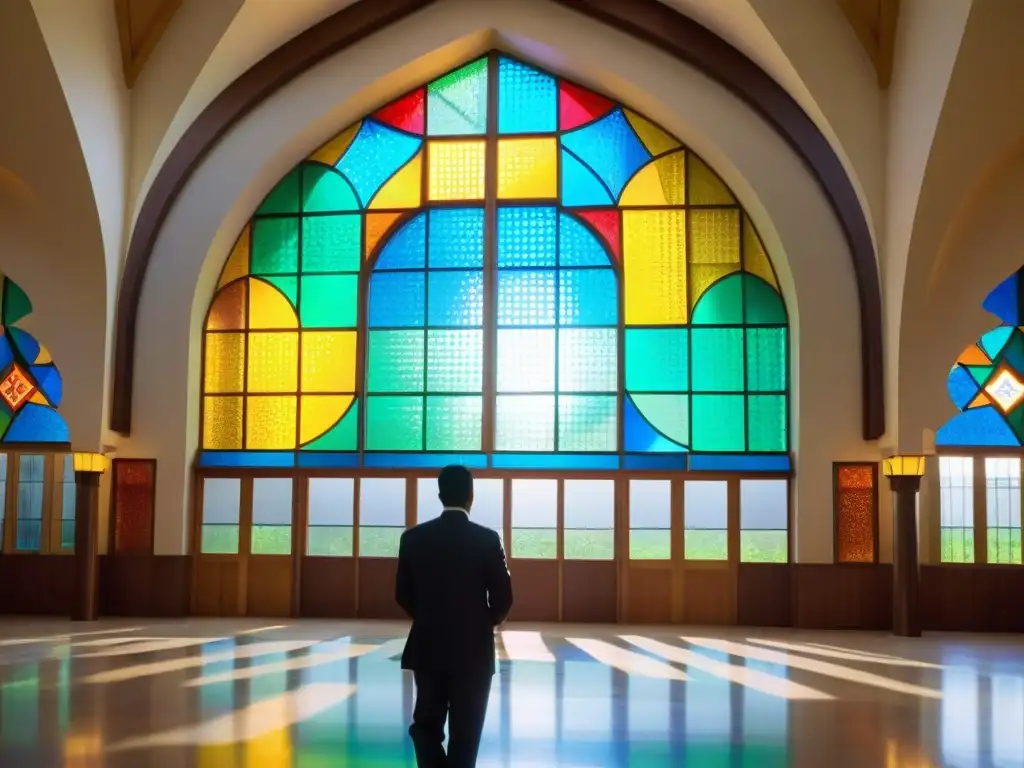 Una sala de oración Ismaili con vitrales coloridos, patrones geométricos intrincados y una atmósfera serena, donde los fieles rezan en comunidad