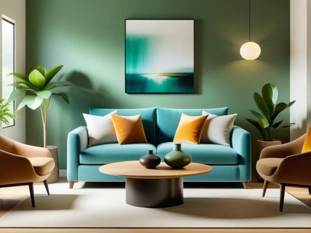 Un salón armónico y sereno diseñado con Feng Shui para armonía en casa, con elementos equilibrados y colores relajantes