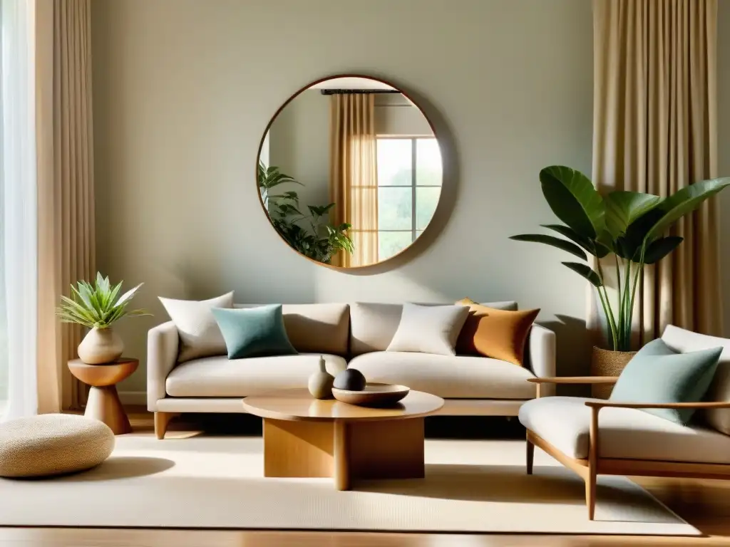 Un salón armoniosamente decorado con Feng Shui para armonía en casa, transmite paz y tranquilidad