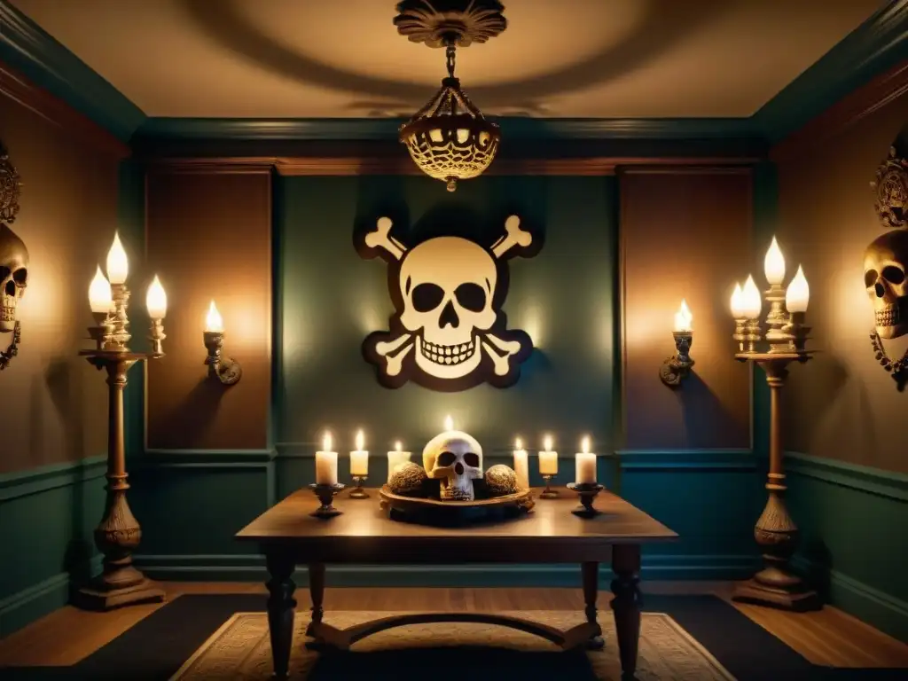 Salón misterioso con muebles vintage y emblema de calavera y huesos, rodeado de velas