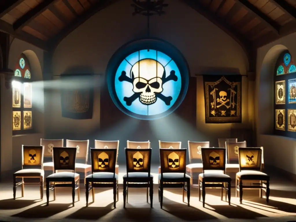 Salón misterioso con sillas de madera y emblemas de calaveras