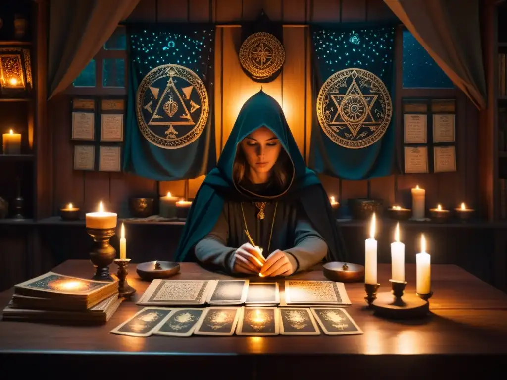 Un salón misterioso con sociedades secretas y el Tarot, donde una figura en capa estudia las cartas bajo la luz tenue de una lámpara