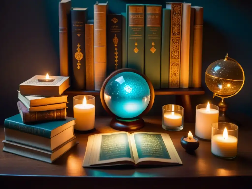 Un salón místico con mesa de Tarot, velas y libros antiguos, ideal para Aplicaciones de Tarot en práctica espiritual