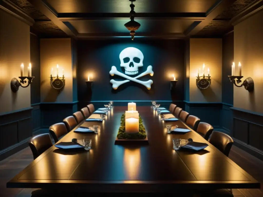 Salón secreto de Skull and Bones: misterio y símbolos Salón de reuniones de la sociedad secreta Skull and Bones, iluminado por velas, con símbolos misteriosos