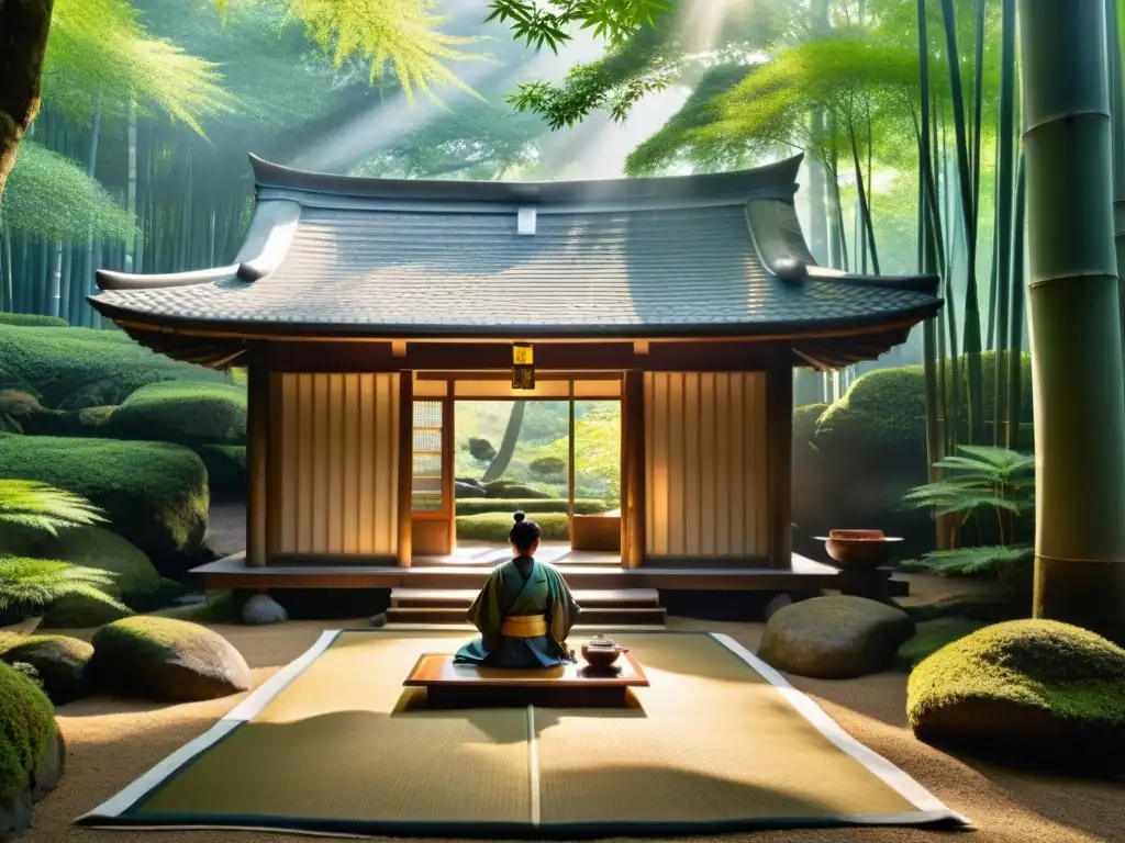 Meditación samurái en teahouse japonés entre bambú Un samurái en armadura tradicional realiza una ceremonia en un bosque de bambú, evocando sociedades secretas influencia mundo moderno