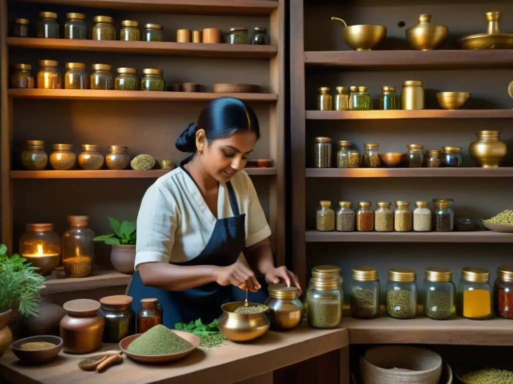 Un sanador Ayurveda selecciona y muele hierbas en un ambiente rústico, transmitiendo sabiduría ancestral