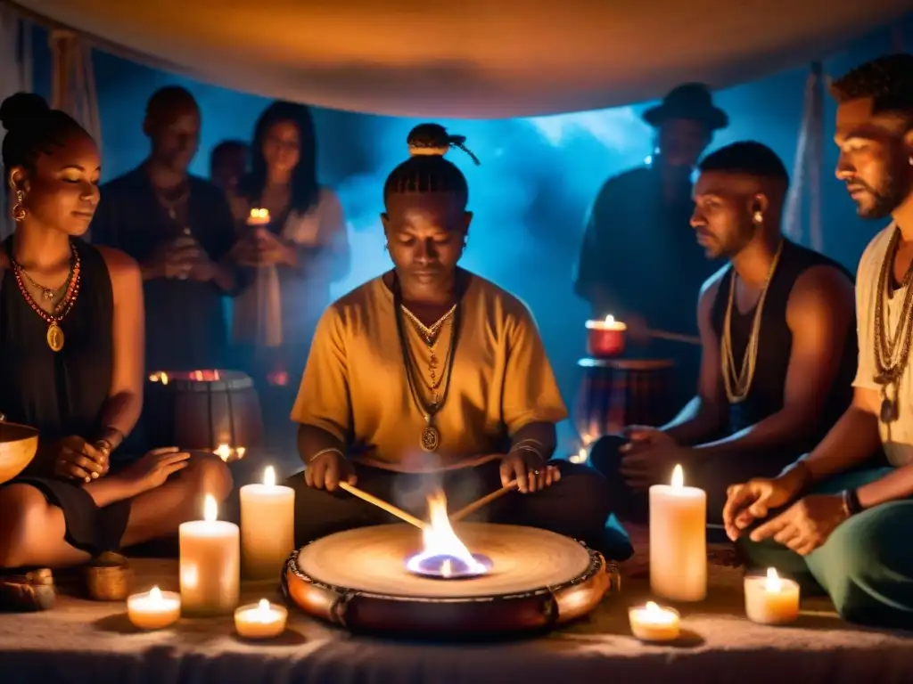 Un sanador chamánico toca un tambor tradicional en una habitación mística iluminada por velas, rodeado de instrumentos musicales