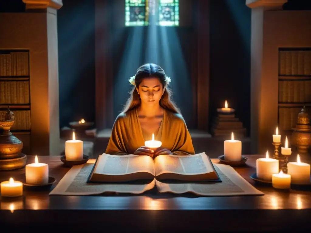 Un santuario iluminado por velas, con manuscritos antiguos y una figura mística meditando