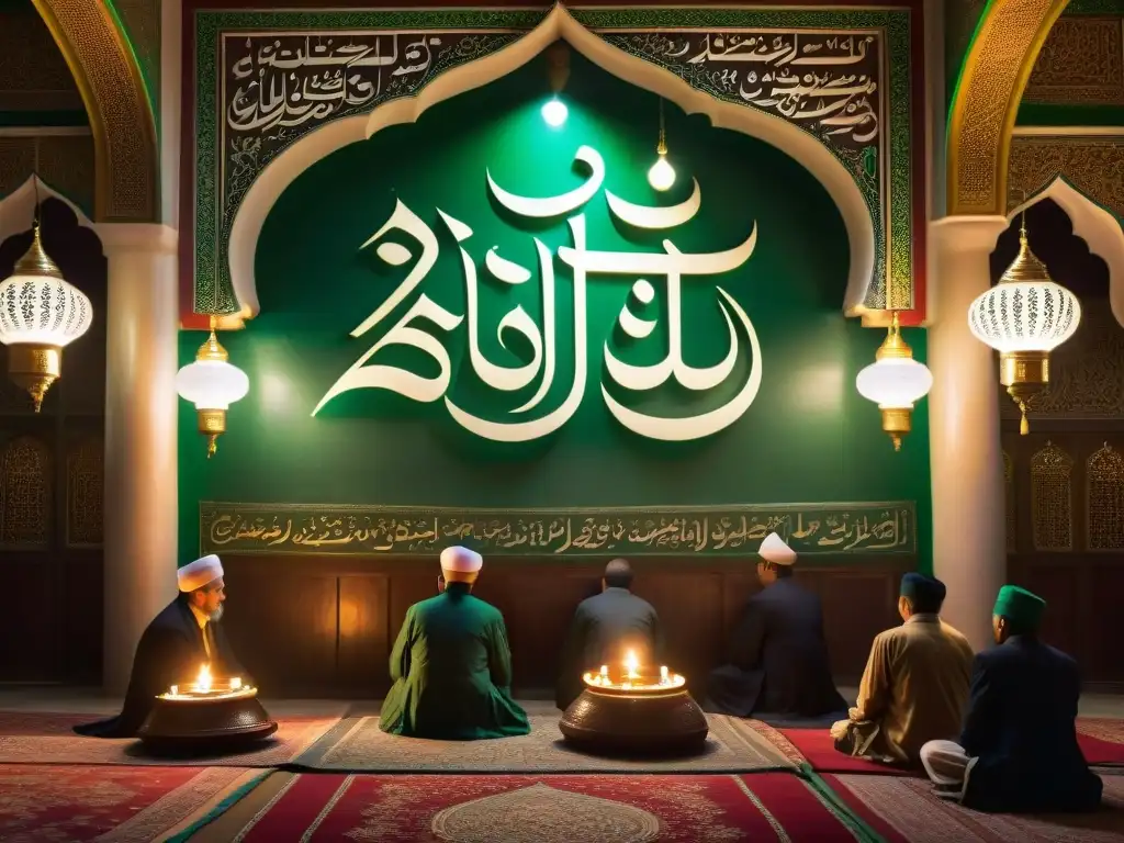 Un santuario Sufi iluminado con velas, donde practicantes realizan un dhikr