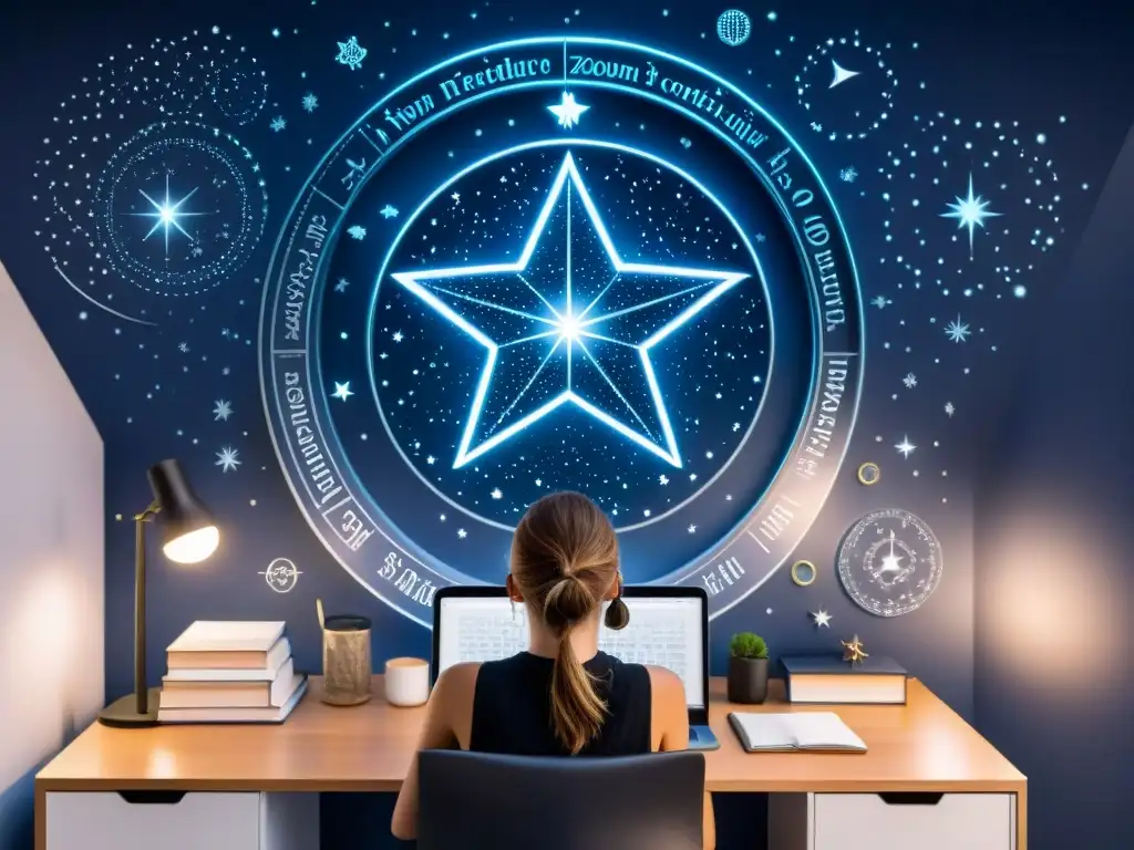 Un Scorpio inmerso en su carrera ideal según signo zodiacal, rodeado de libros y constelaciones en su moderno escritorio