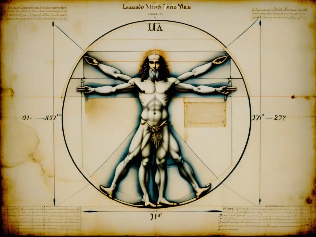 Leonardo da Vinci sociedad secreta: Detalle meticuloso del 'Hombre de Vitruvio' resaltando la simetría y precisión anatómica del cuerpo humano