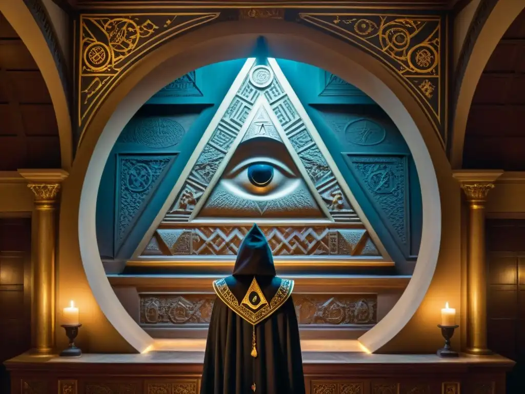 Enigmática cámara secreta iluminada débilmente con símbolos de los Illuminati y la Francmasonería