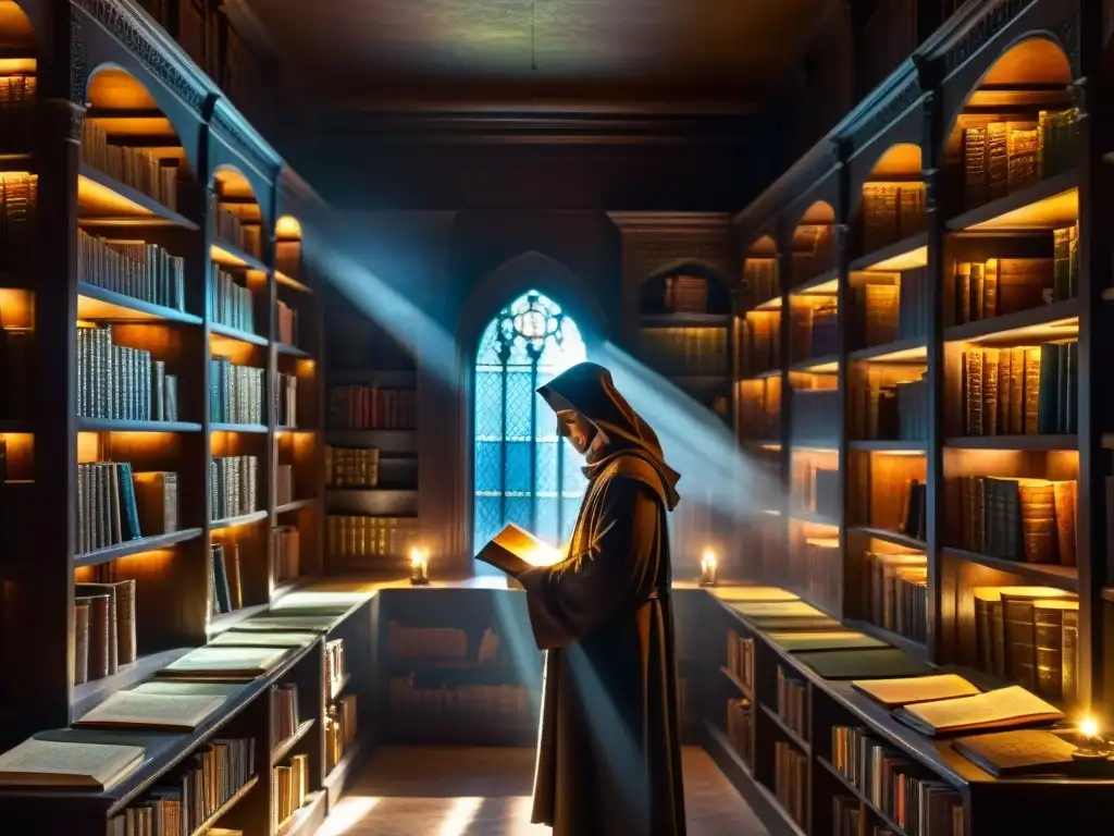 Un rincón secreto de una antigua biblioteca iluminado por rayos de sol, donde una figura encapuchada estudia textos antiguos