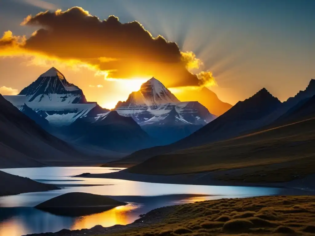 Los secretos del Monte Kailash: atardecer dorado sobre sus picos nevados reflejados en lagos tranquilos