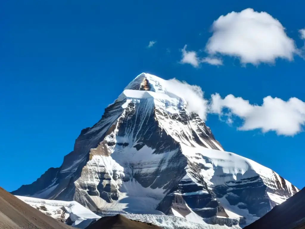 Secretos del Monte Kailash: el imponente pico nevado emerge entre nubes, mientras peregrinos tibetanos avanzan hacia él