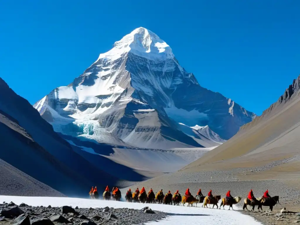 Secretos del Monte Kailash: Majestuoso monte sagrado con peregrinos en vibrante atuendo, resalta su esencia espiritual y grandiosidad natural